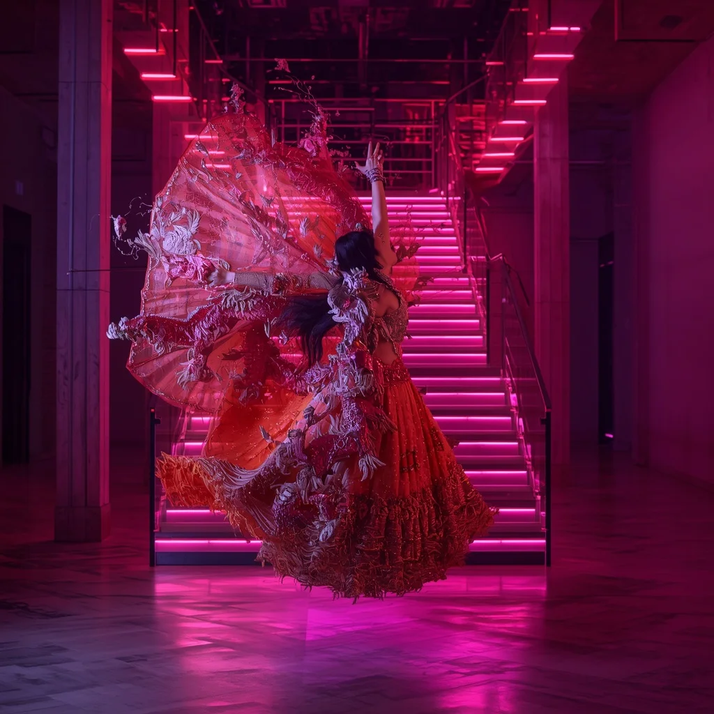 Heavy Sequined Ombre & 3D Ceramic Dragon Applique Saree | Mid-Air Spinning Tornado Pose | 3D Glowing LED Staircases | Gemini Saree Prompt