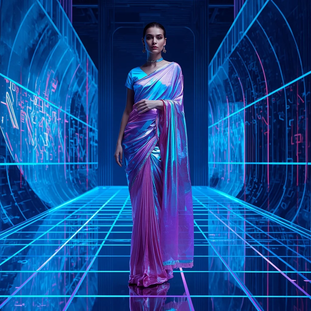 Hologram Plasma Silk Saree with Digital Dimension Split Field | Instagram Profile Pic Ai Prompt