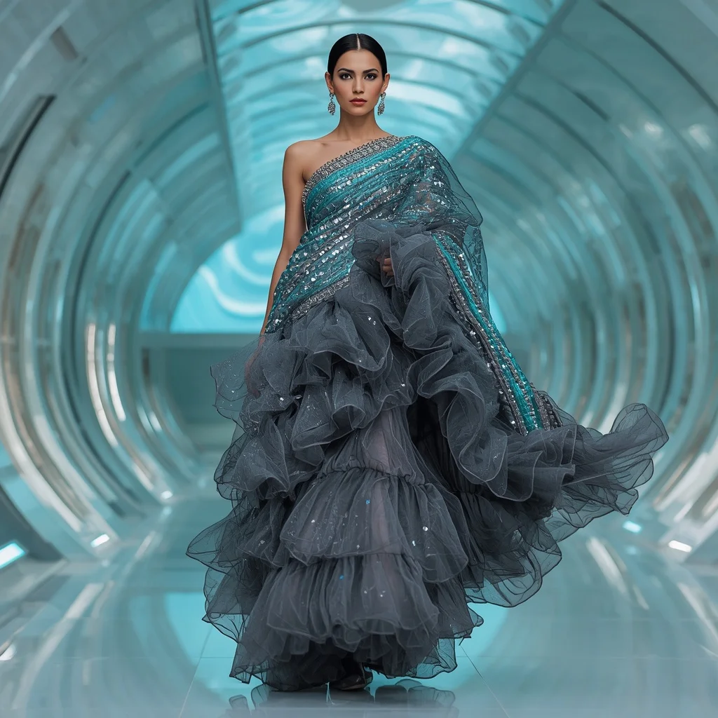 Holographic Aqua and Gunmetal Ruffle Saree with Wave-Light Atrium | Gemini Ai Photo Prompt Copy Paste