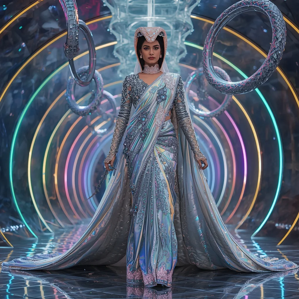 Holographic Crystal Cobra Saree with Floating Serpent Rings and Neon Royal Atrium | Indian Girl Ai Prompt
