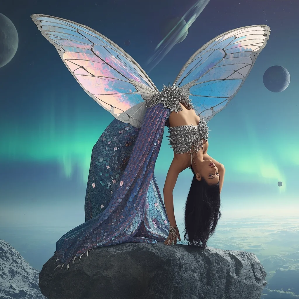 Holographic Dragon-Scale Butterfly Saree with Floating Monolith Background | Free Ai Prompt