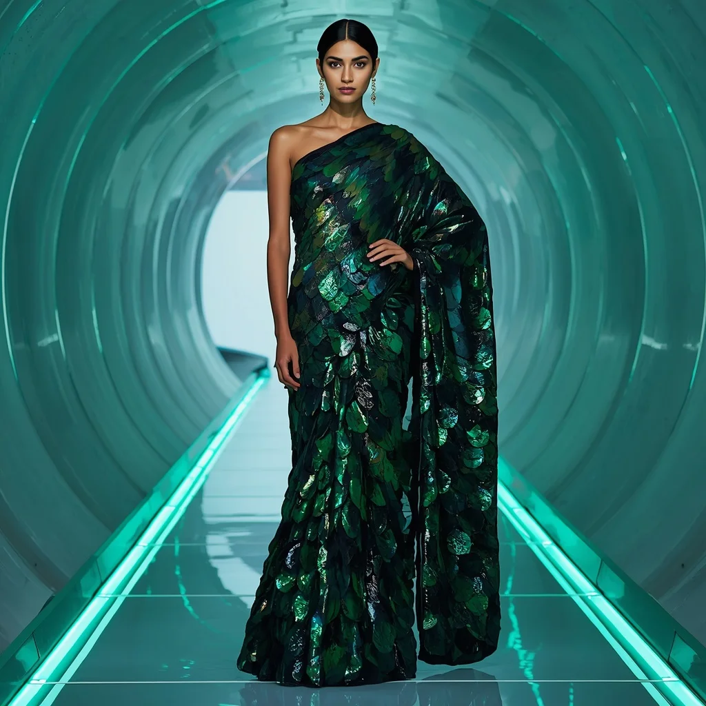 Holographic Emerald and Obsidian Glass-Scale Saree with Biometric LED Tunnel | Prompt Seen Girl