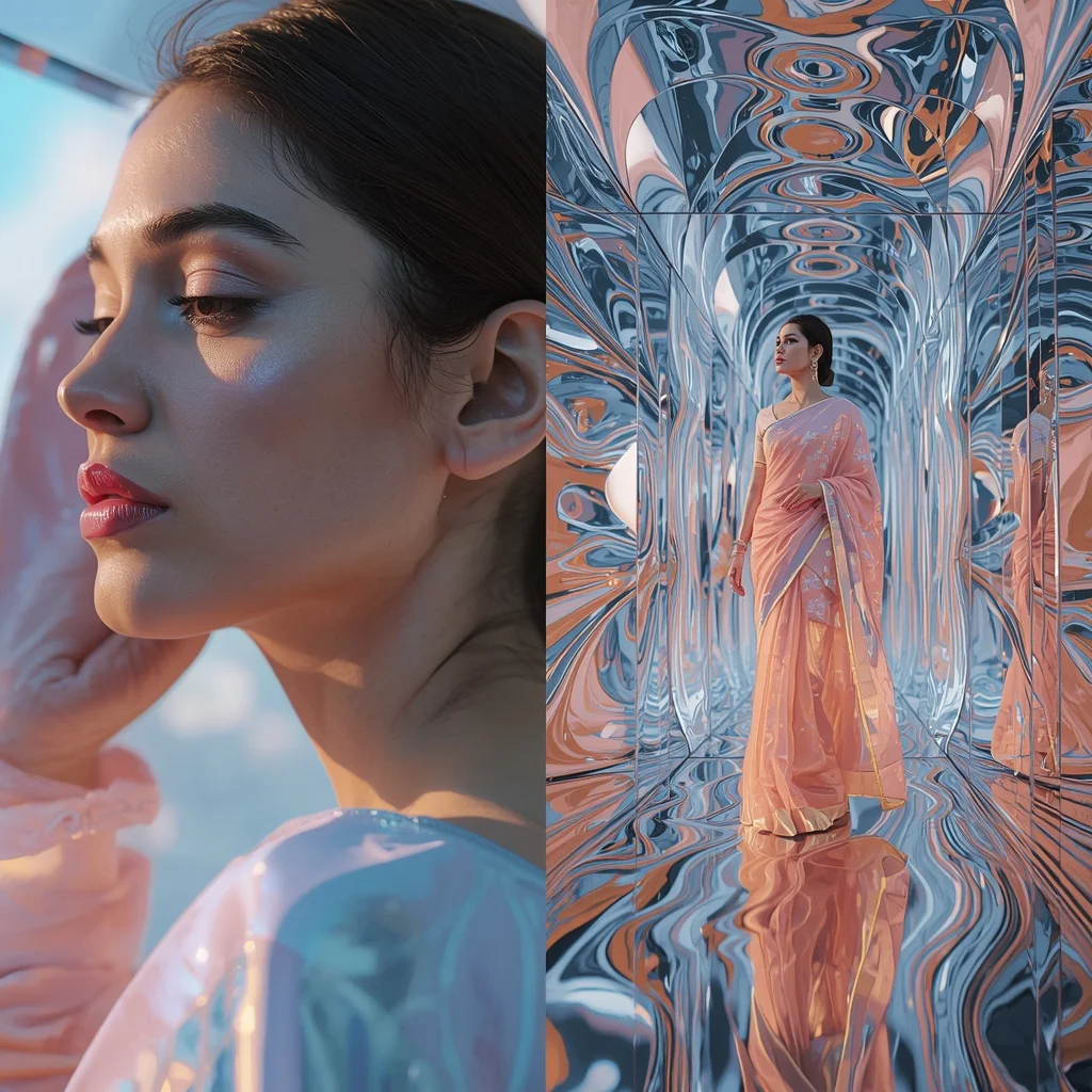 Holographic Liquid Mirror Skin Reflection Saree Scene | Ultra Gloss Prompt | Beautiful Saree Girl Ai Prompt