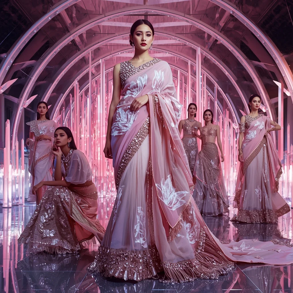 Holographic Lotus Flame Saree with Infinity Bloom Crystal Cathedral | New Design Ai Prompt