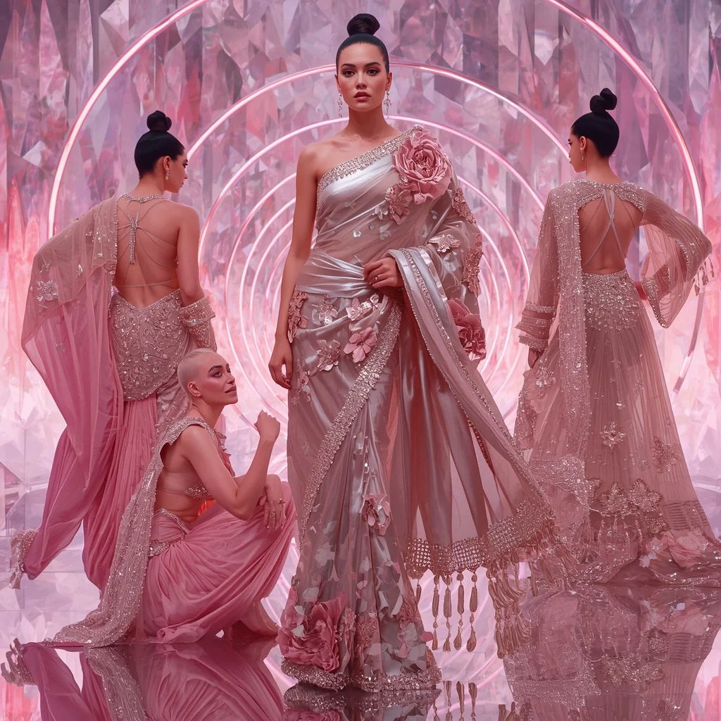 Holographic Lotus Flame Saree with Infinity Bloom Crystal Sanctuary | Instagram Story Ai Prompt