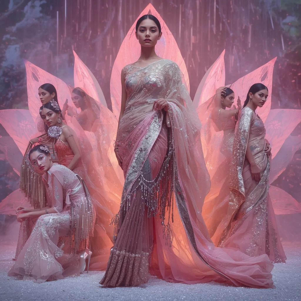 Holographic Lotus Flame Saree with Infinity Bloom Crystal Temple | Prompt For Traditional Look For Girl ChatGPT