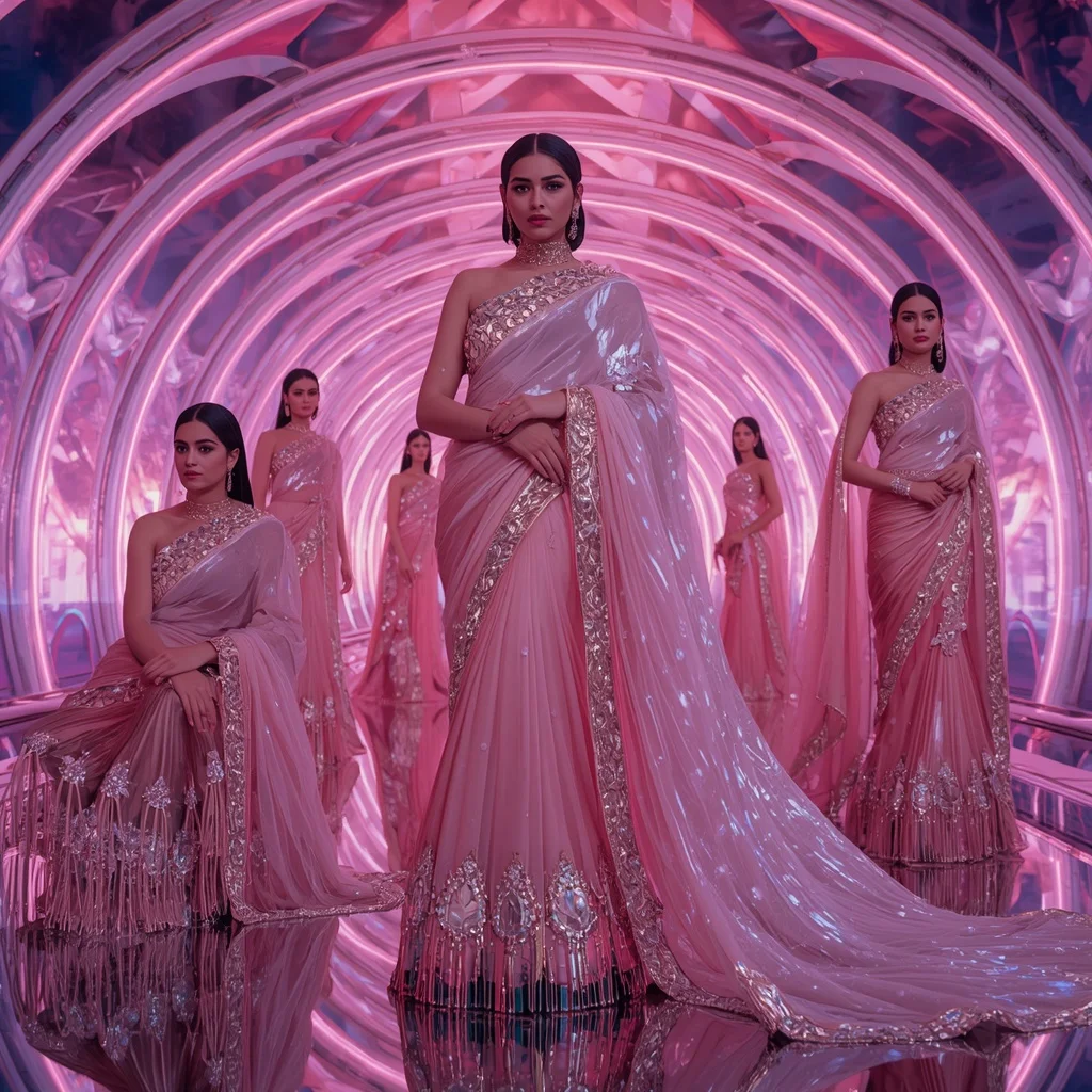 Holographic Lotus Flame Saree with Infinity Bloom Orbit Palace | Festive Prompt
