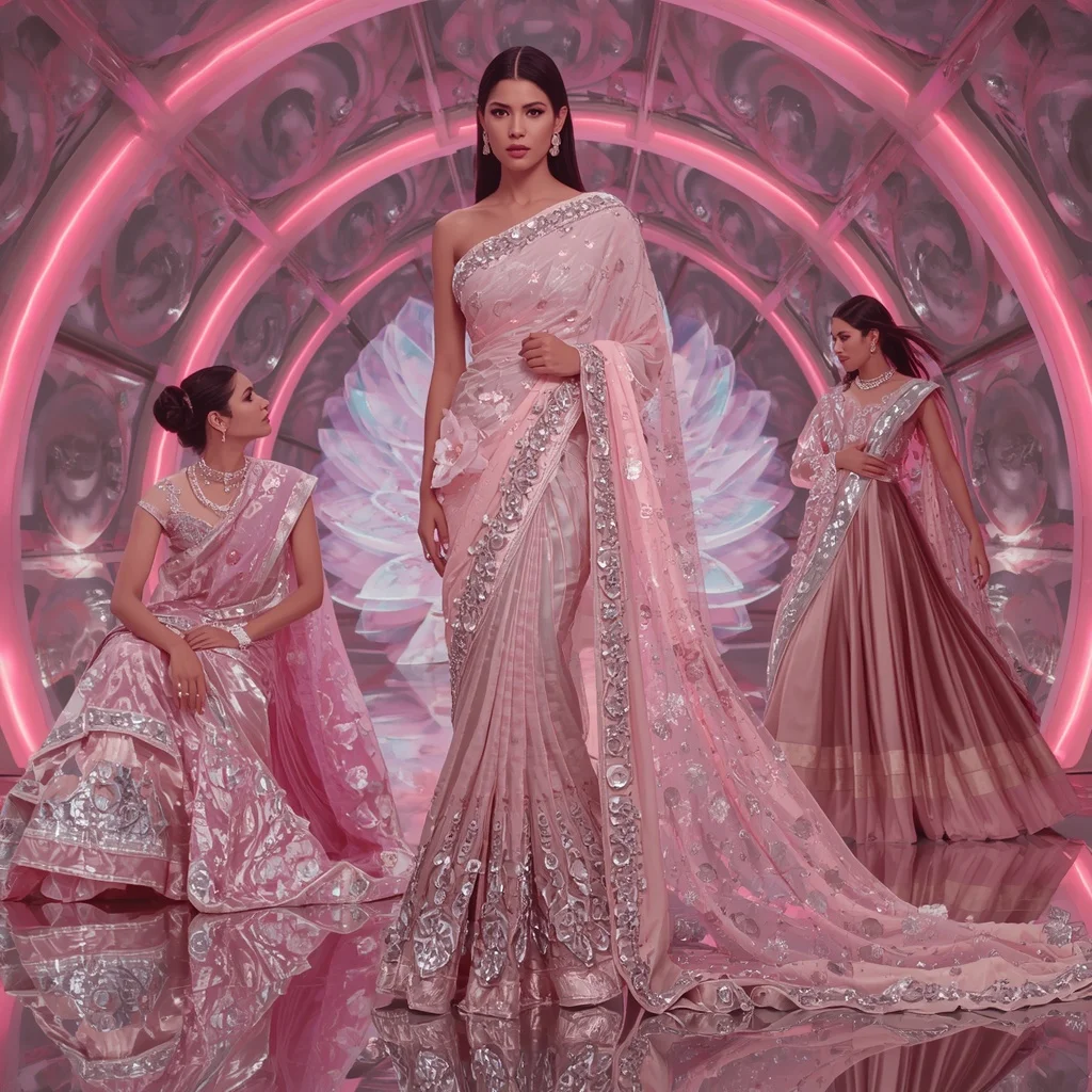 Holographic Lotus Flame Saree with Infinity Bloom Sanctuary | Profile Picture Ai Prompt