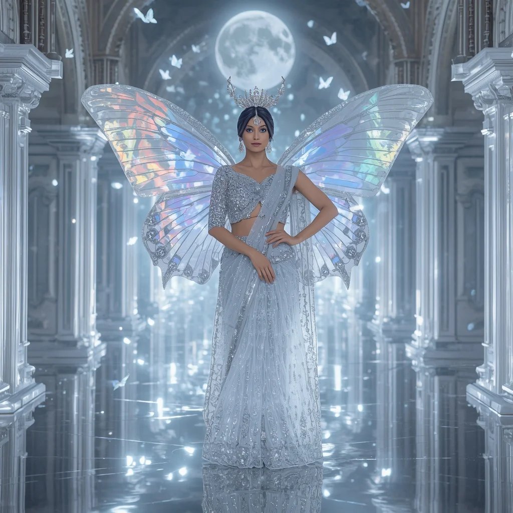 Holographic Moon Butterfly Saree with Celestial Silver Palace Background | Ai Video Generator Prompt