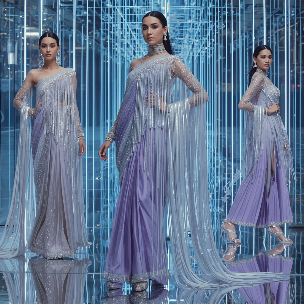 Holographic Moonstone Saree with Prism Infinity Palace | Modern Design Ai Prompt
