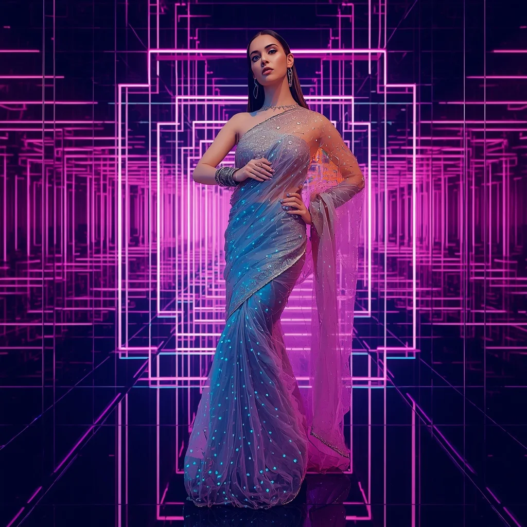 Holographic Pearl Organza Saree in a Neon Infinity Room | Desi Saree Ai Prompt