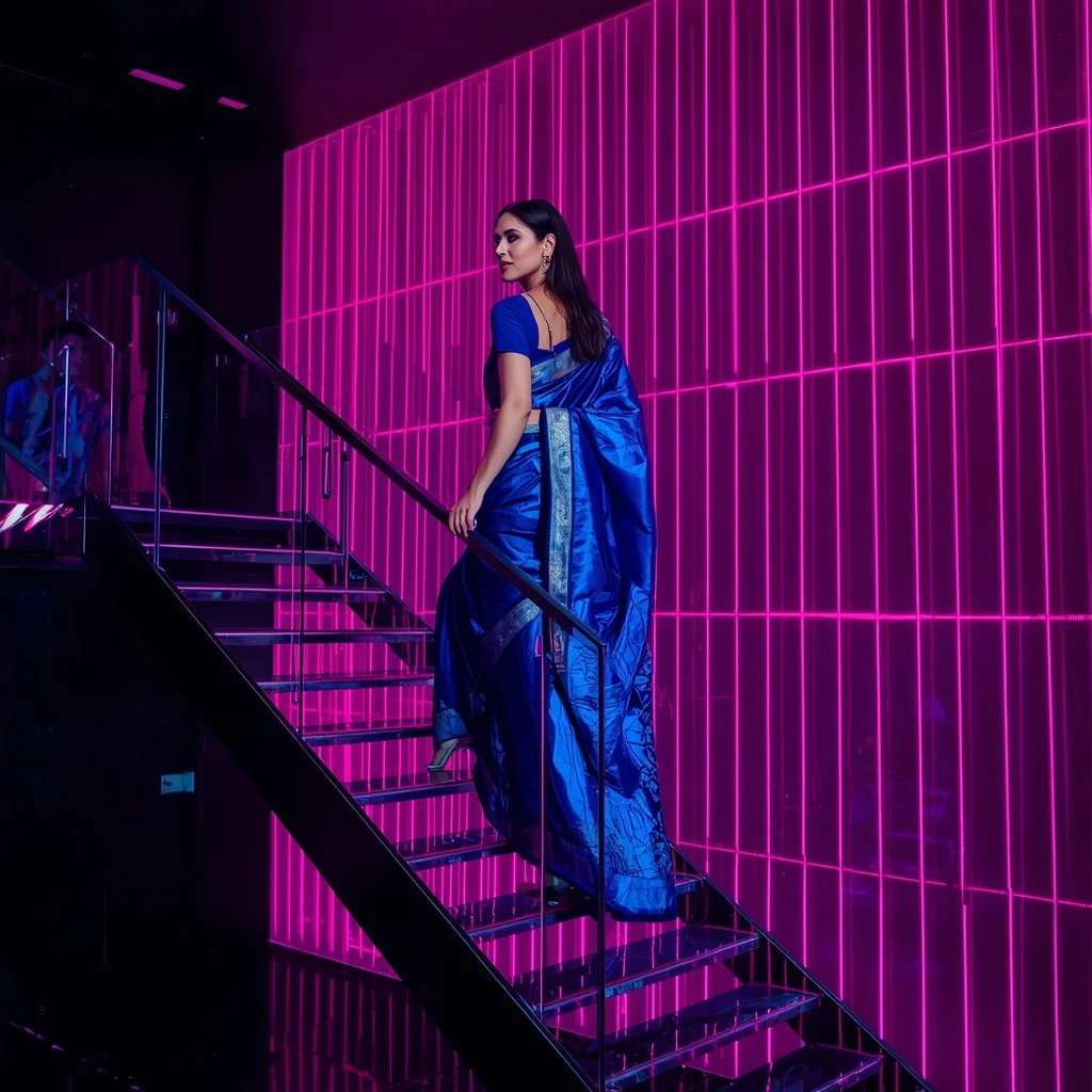 Holographic Sapphire Saree – Descending Glass Stairs with Magenta Laser Grid | Female Model Ai Prompt