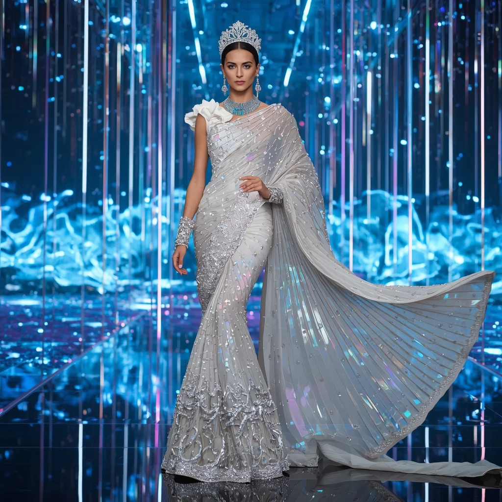 Holographic Shell Crown Saree with Ocean Prism Architecture and Floating Light Waves | Chatgpt Photo Editing Styles For Girl