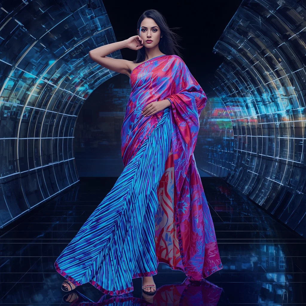 Holographic Silk Rift Saree with Digital Dimension Split Field | Beautiful Woman Ai Prompt