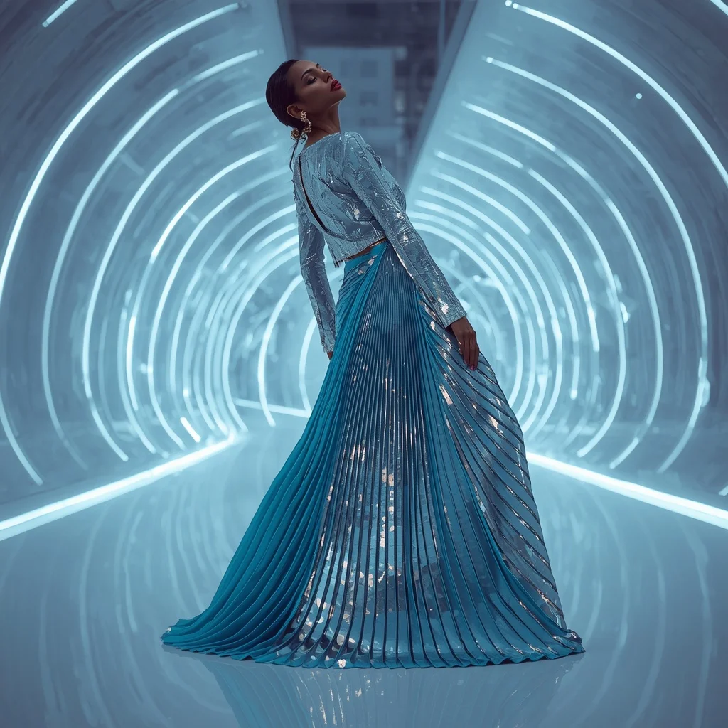 Holographic Silver and Electric Cyan Saree in Digital Atrium | Prompt For Gemini Ai Girl Model Instagram