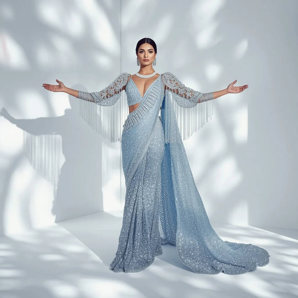 Ice Blue Heavy Threadwork Saree with Cascading Crystal Cape | Instagram Viral Photo Ai Prompt
