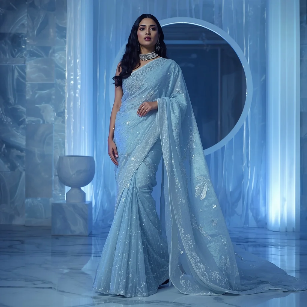 Ice Mirror Frostnova Eclipse Saree – Modern Glam Saree with Window Glow Pose and Frostnova Eclipse Lounge Background | Style Ai Prompt