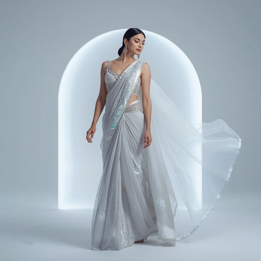 Ice Moon Nebula Driftveil Saree – Elegant Designer Saree with Soft Hover Pose and Nebula Drift Dome Background | Instagram Girl Gemini Prompt