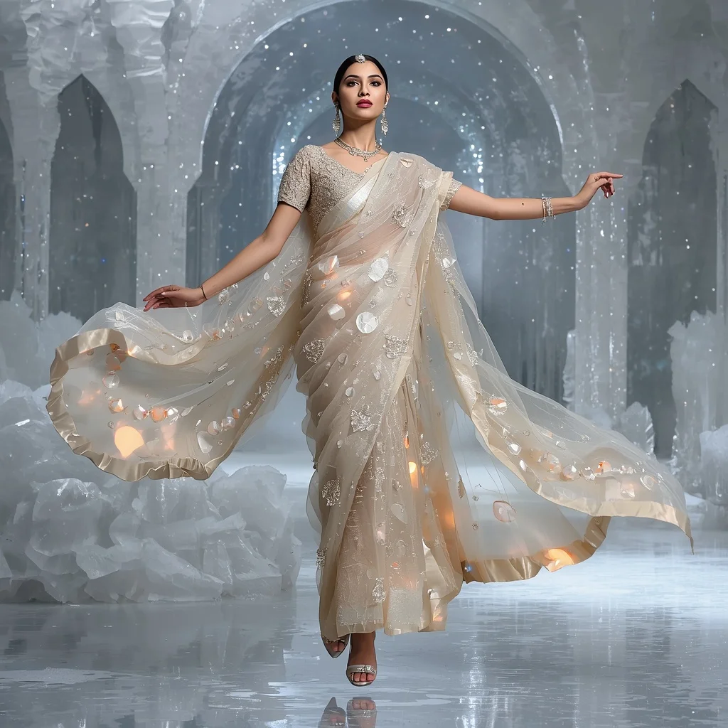 Ice Pearl Eclipse Saree – Luxury Glam Saree with Floating Pose and Frozen Eclipse Crystal Hall Background | New Instagram Trend Prompt For Girl