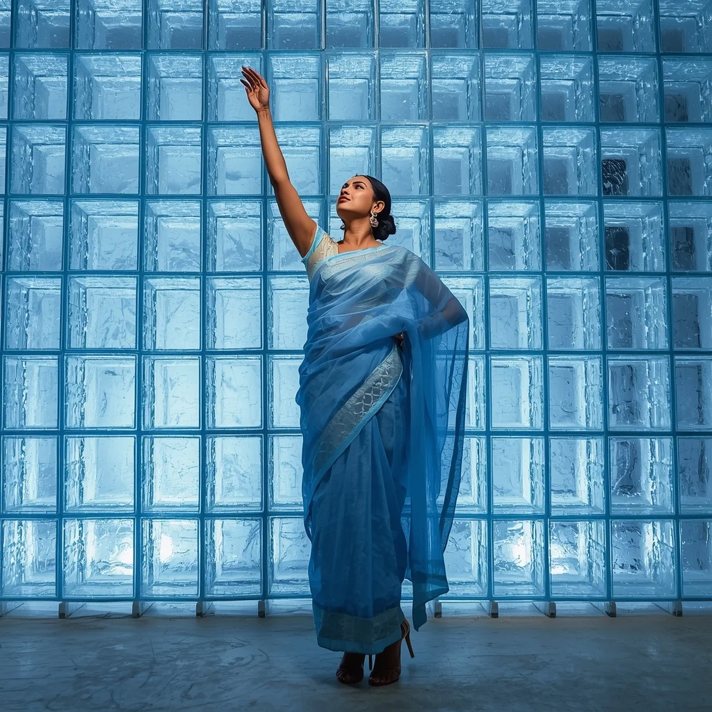 Icy Blue Organza Saree – Tip-Toe Upward Reach with Frosted Glass Blocks | Prompt Ai