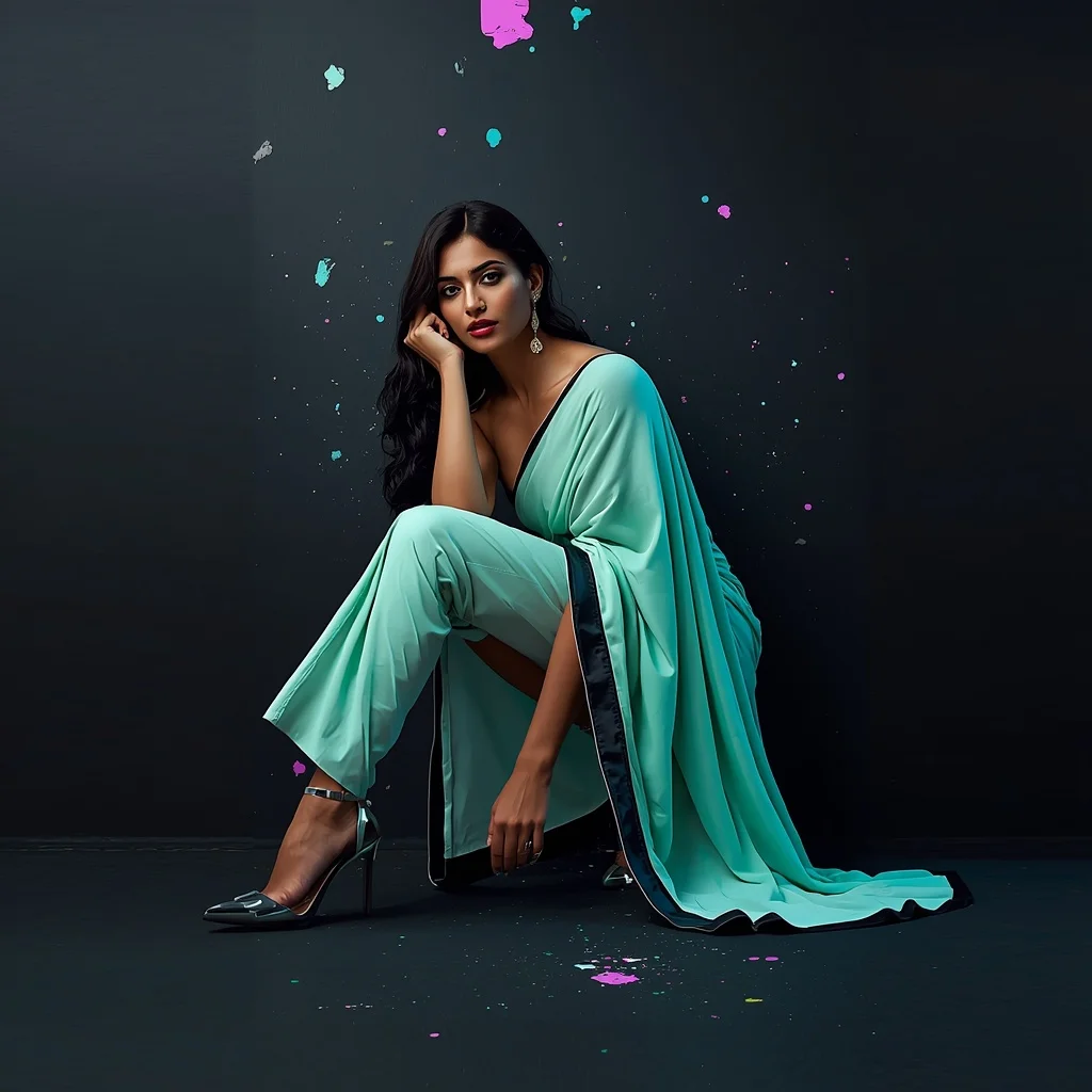 Icy Mint Leather-Trim Saree – Stiletto Fix Pose with Abstract Neon Splatter | Gemini Prompt