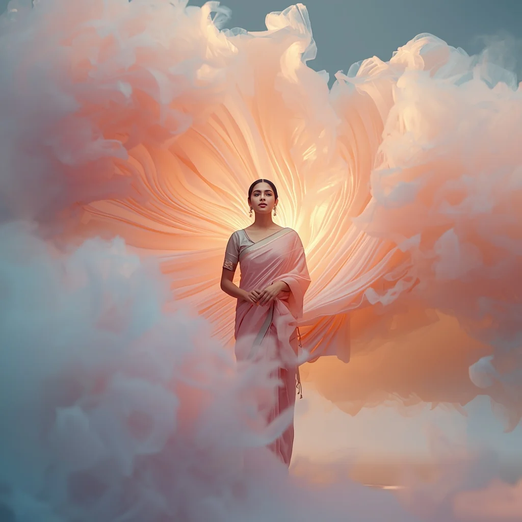 Image Prompt Festive Pastel Saree Dream Fabric Explosion Indian Girl Soft Motion Cinematic Aesthetic 4K Ultra Realistic | Saree Couple Ai Prompt