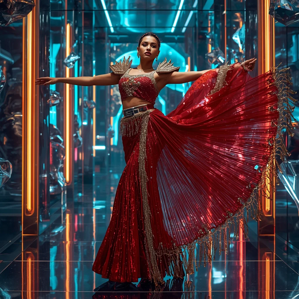 Inferno Aurora Maharani Saree with Floating Neon Crystal Gates | Prompt Seen Trending Girl 2026 Instagram