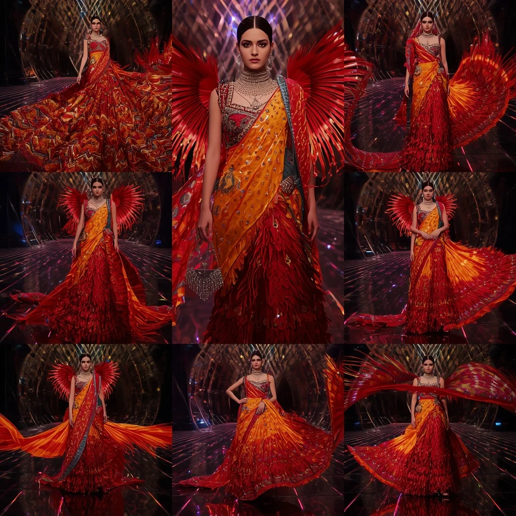 Inferno Peacock Royale Saree with Floating Infinity Neon Temple | Prompt For Gemini