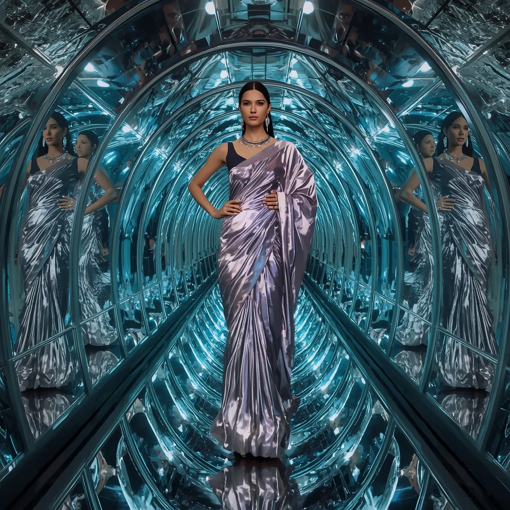 Infinite Mirror Silk Saree with Recursive Light Hall | Indian Girl Ai Prompt