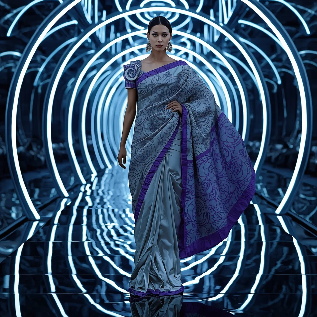 Infinite Mirror Spiral Saree with Recursive Light Tunnel | Prompt Seen Girl Photo Editing Chatgpt Download