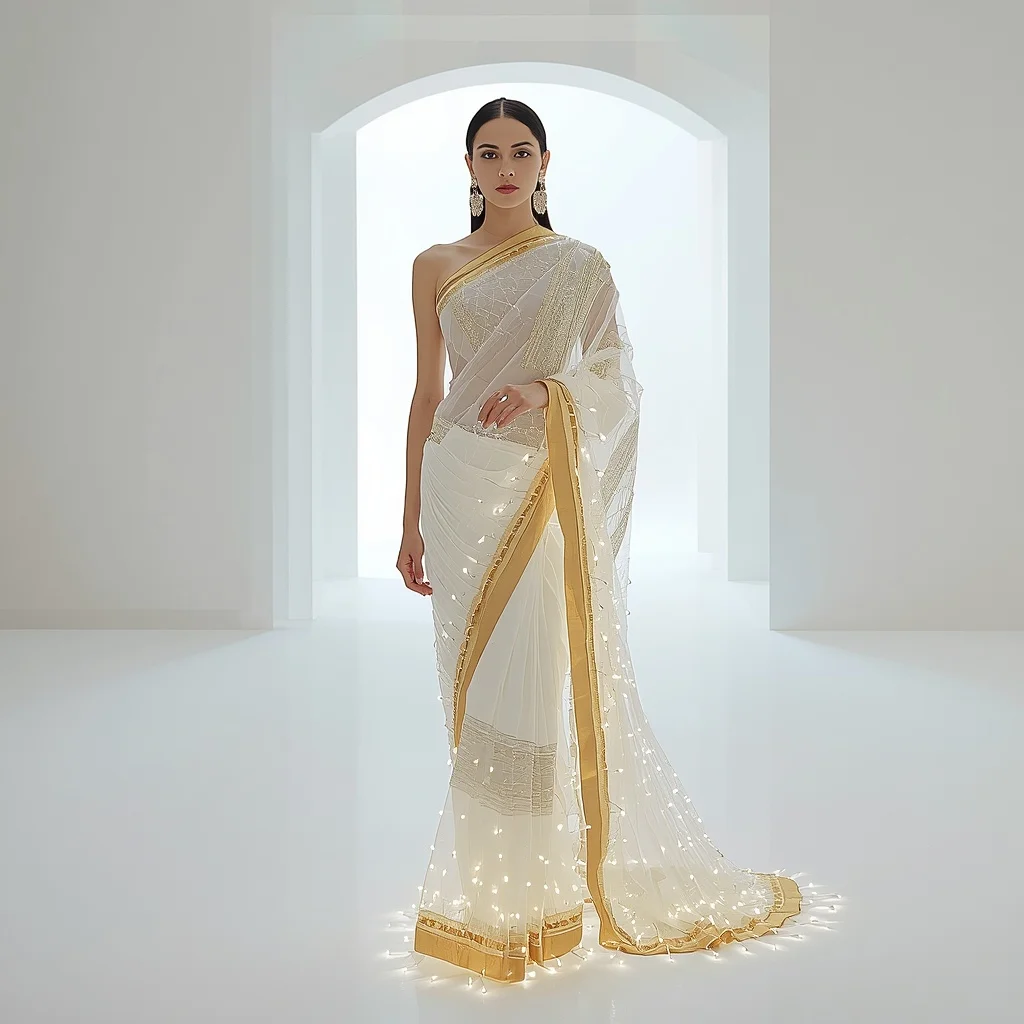Infinite Void Light Weave Saree with Zero Horizon Hall | Modern Design Ai Prompt