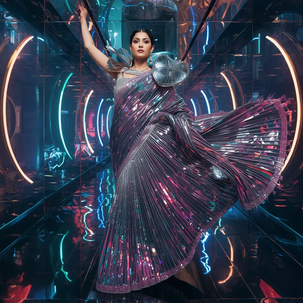 Infinity Chrome Saree with Floating Neon Quantum Arcs | Attitude Ai Prompt