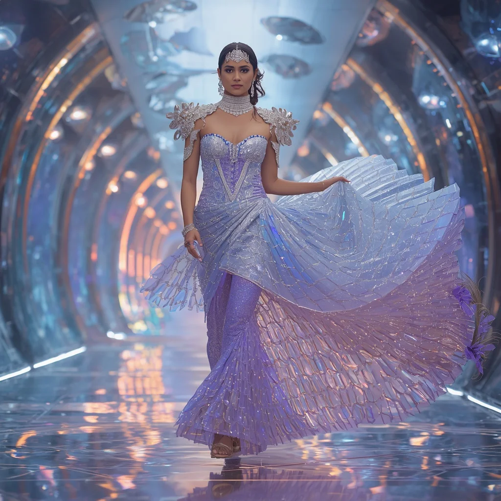 Infinity Crystal Wave Saree with Floating Prism Tunnels and Neon Aurora Canals | Prompt AI For Girl