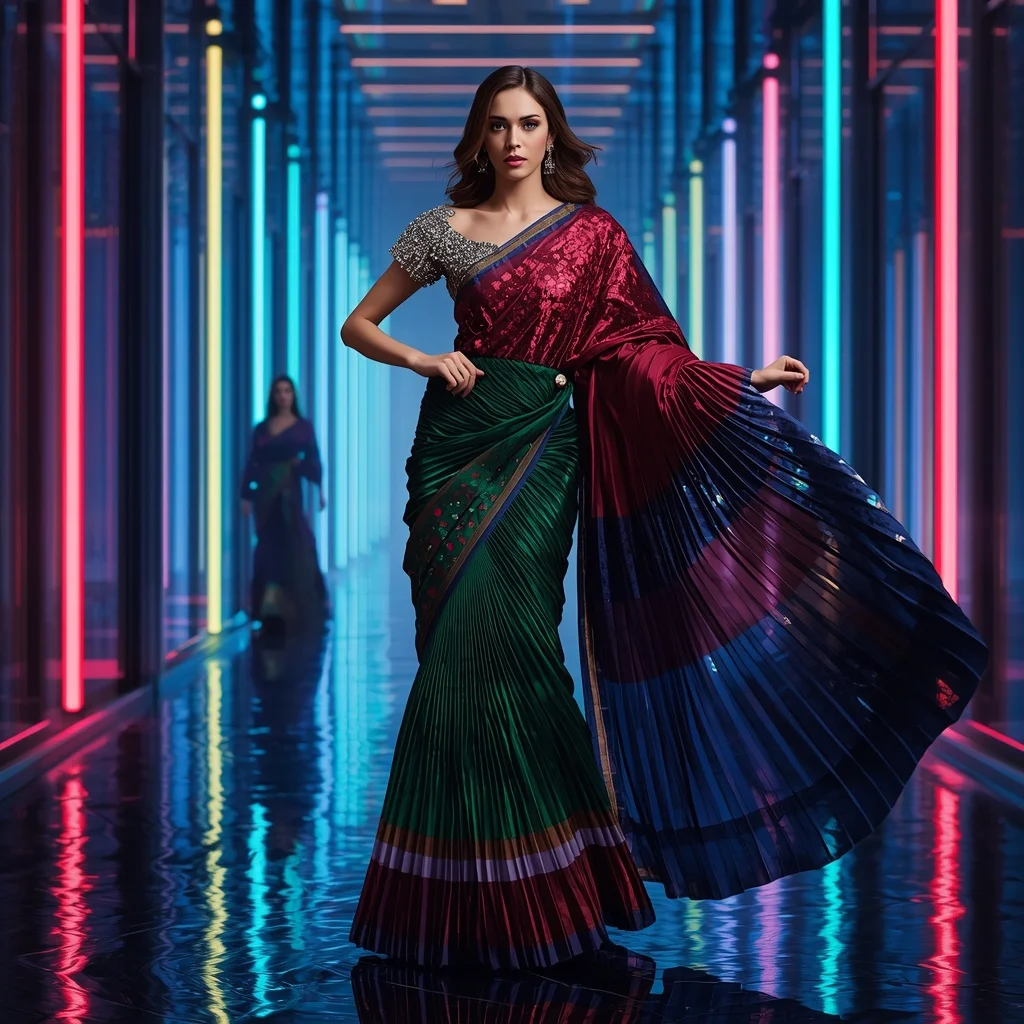 Infinity Royale Celestial Eclipse Saree with Dynamic Neon Skyline Galaxies | New Instagram Trend Prompt For Girl Attitude