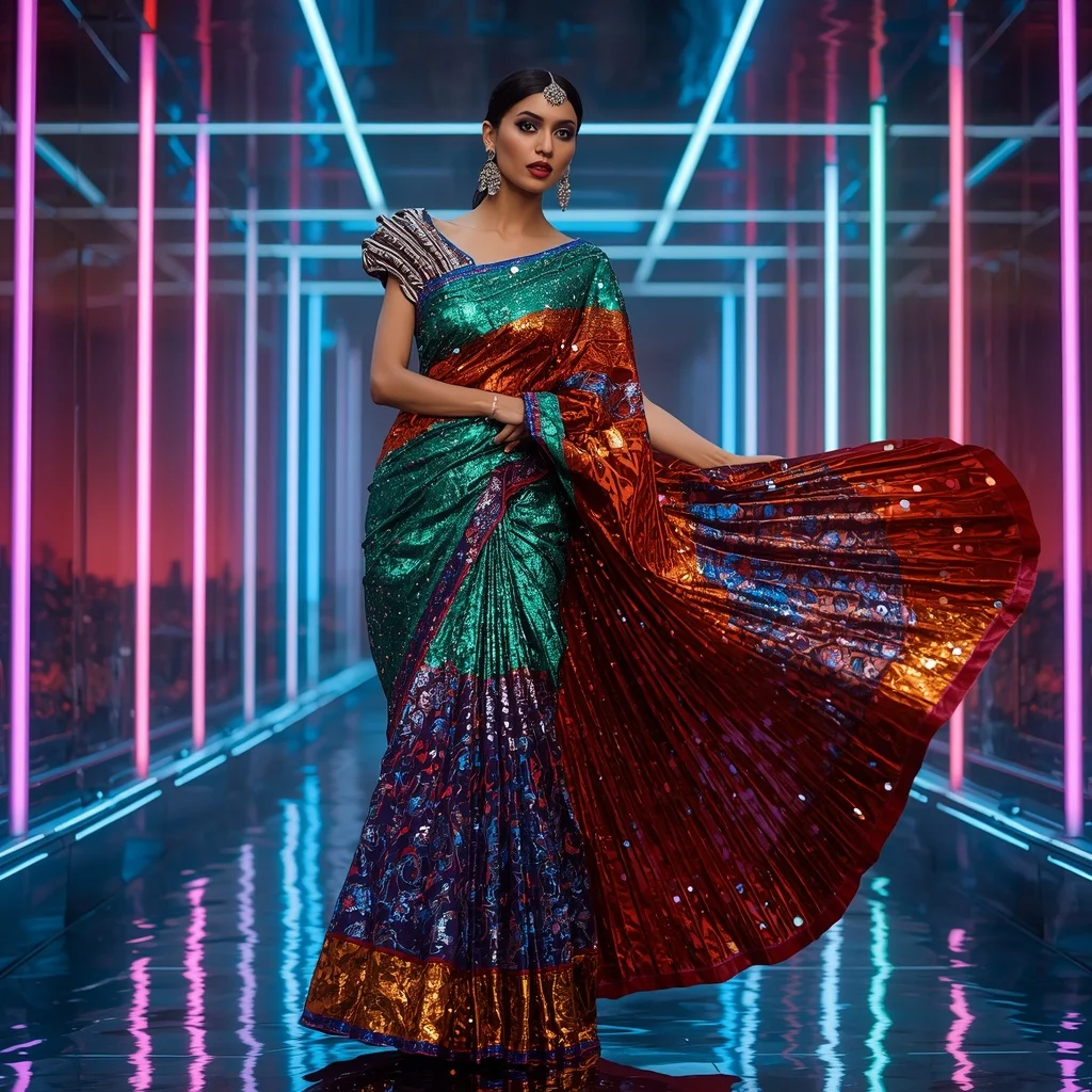 Infinity Royale Celestial Mirage Saree with Dynamic Neon Skyline Dimensions | Prompt Seen Girl Photo Editing Trending Instagram