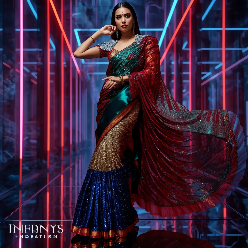 Infinity Royale Celestial Mirage Saree with Dynamic Neon Skyline Universes | Ai Gemini Prompt