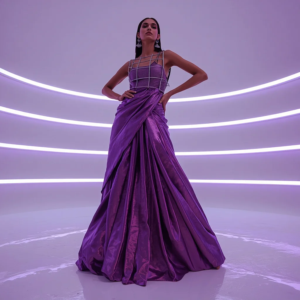 Iridescent Amethyst and Chrome Cage Saree with Clean Quantum Dome | Trending Girl Photo Prompt