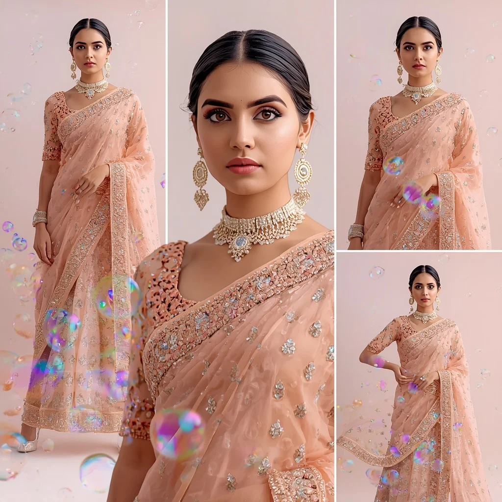 Iridescent Bubbles With Complex Designer Festive Fancy Saree | Profile Picture Ai Prompt