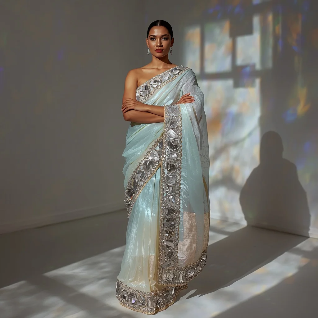 Iridescent Opal Organza Saree with Massive Glass-Cut Beads | Prompt Trending Girl 2026