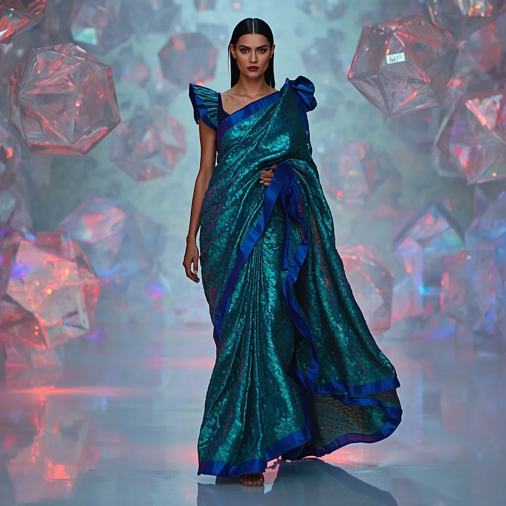 Iridescent Peacock-Scale Sequin Saree with Avant-Garde Draping | Attitude Girl Prompt