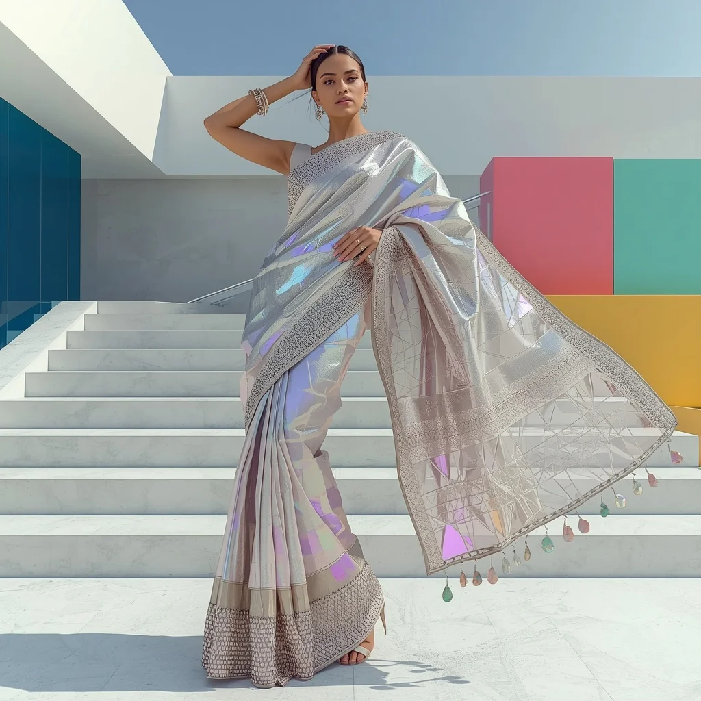 Iridescent Silver Mirror Work Festival Saree | Prompt Gemini