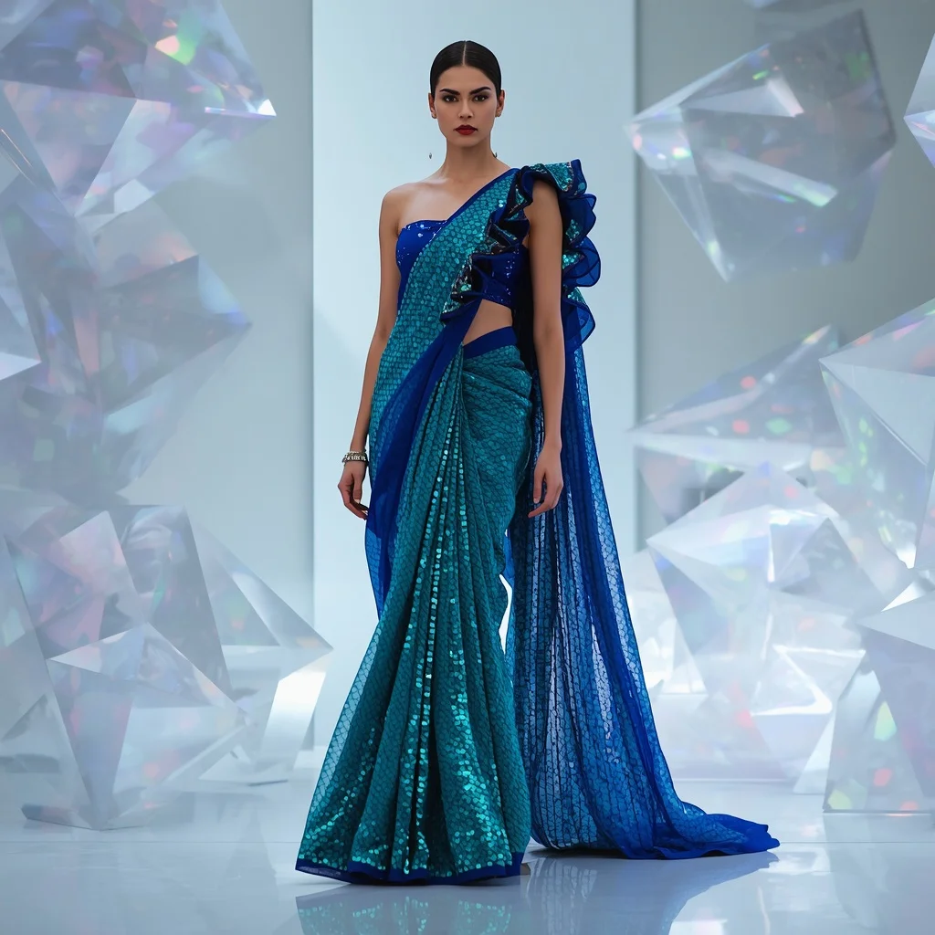 Iridescent Teal-Scale Sequin Saree with Avant-Garde Draping | Cute Girl Ai Prompt