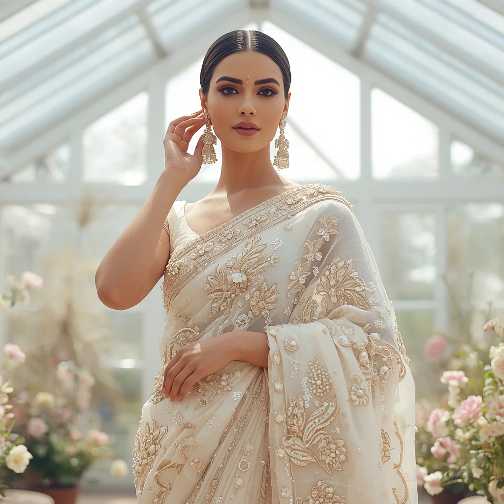 Ivory Holographic 3D Beadwork Saree Look | Face Ai Prompt