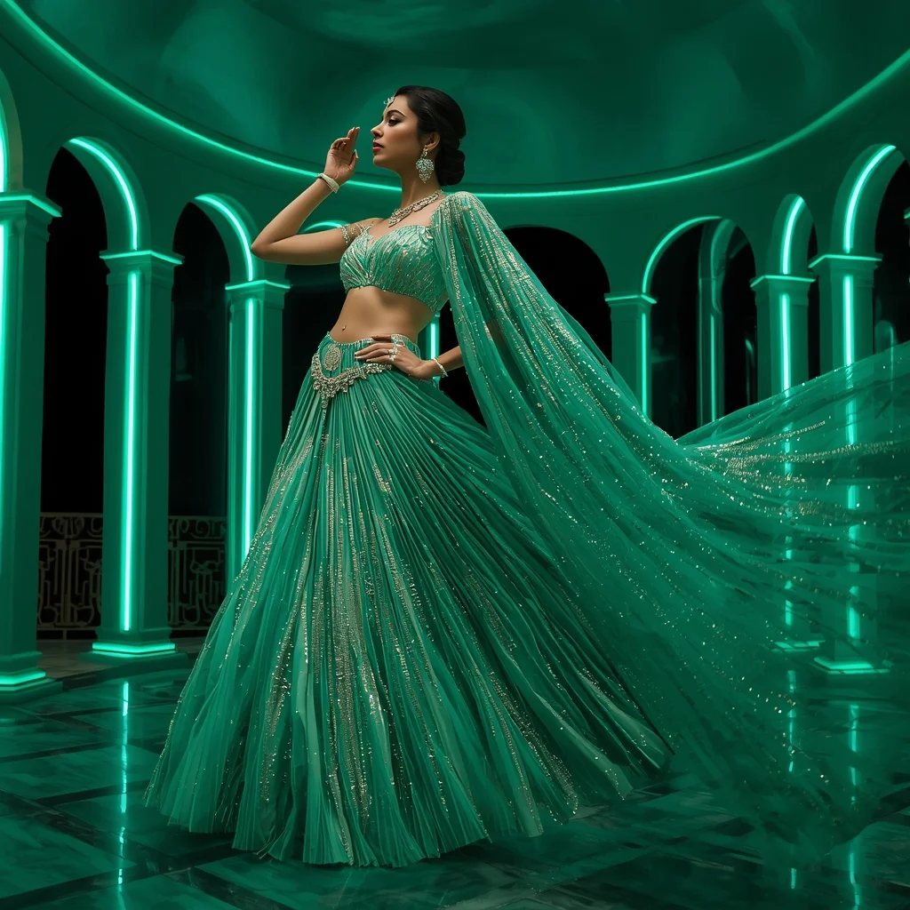 Jade Crystal Mirage Saree with Emerald Halo Pavilion | Snapchat Aesthetic Ai Prompt