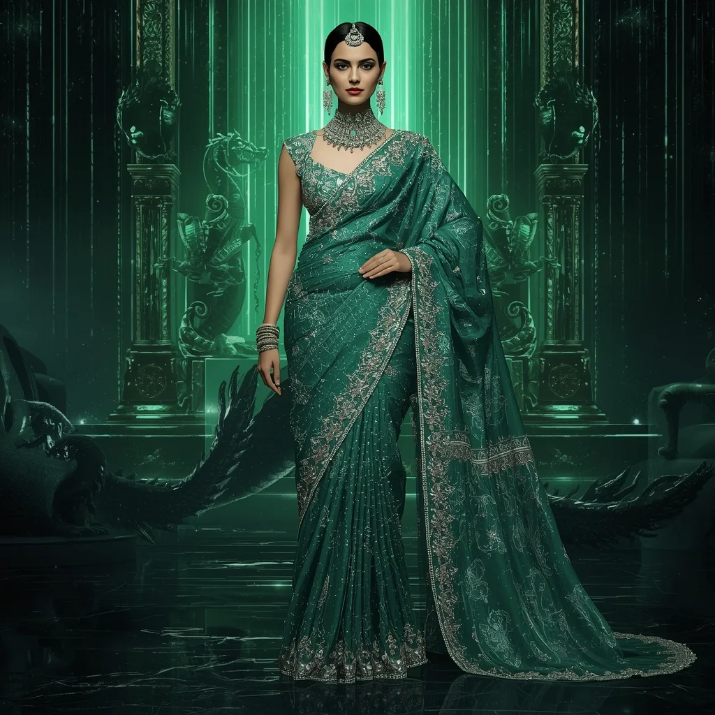 Jade Dragon Maharani Saree with Emerald Crystal Empires and Imperial Dragon Cosmos | Gemini Ai Prompt