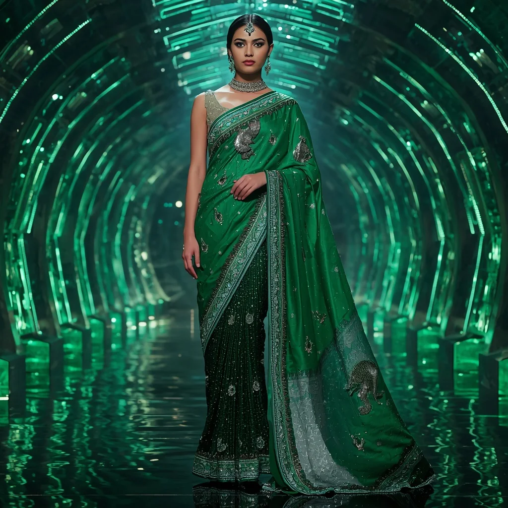 Jade Storm Dragon Saree with Emerald Crystal Infinity Vault | Cute Girl Ai Prompt