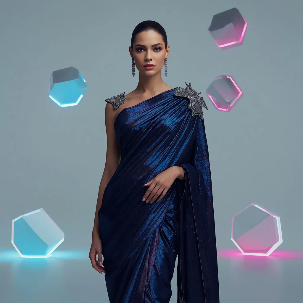 Kinetic Neon-Cyber Saree with Sculpted Metallic Shoulders | Text To Image Prompt