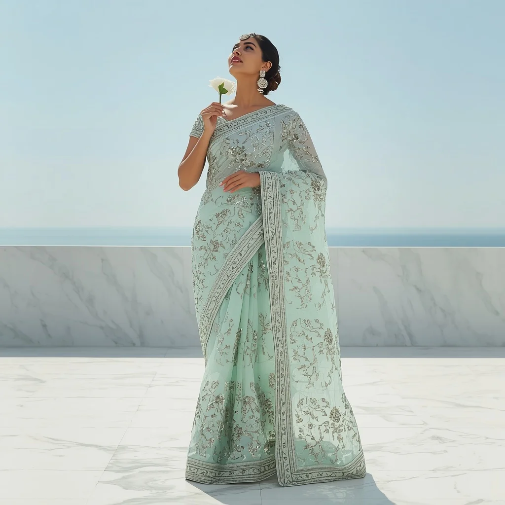 Laser-Cut Metallic Foil Seafoam Green Saree | Poised Looking Up Pose | Ai Video Generator Prompt