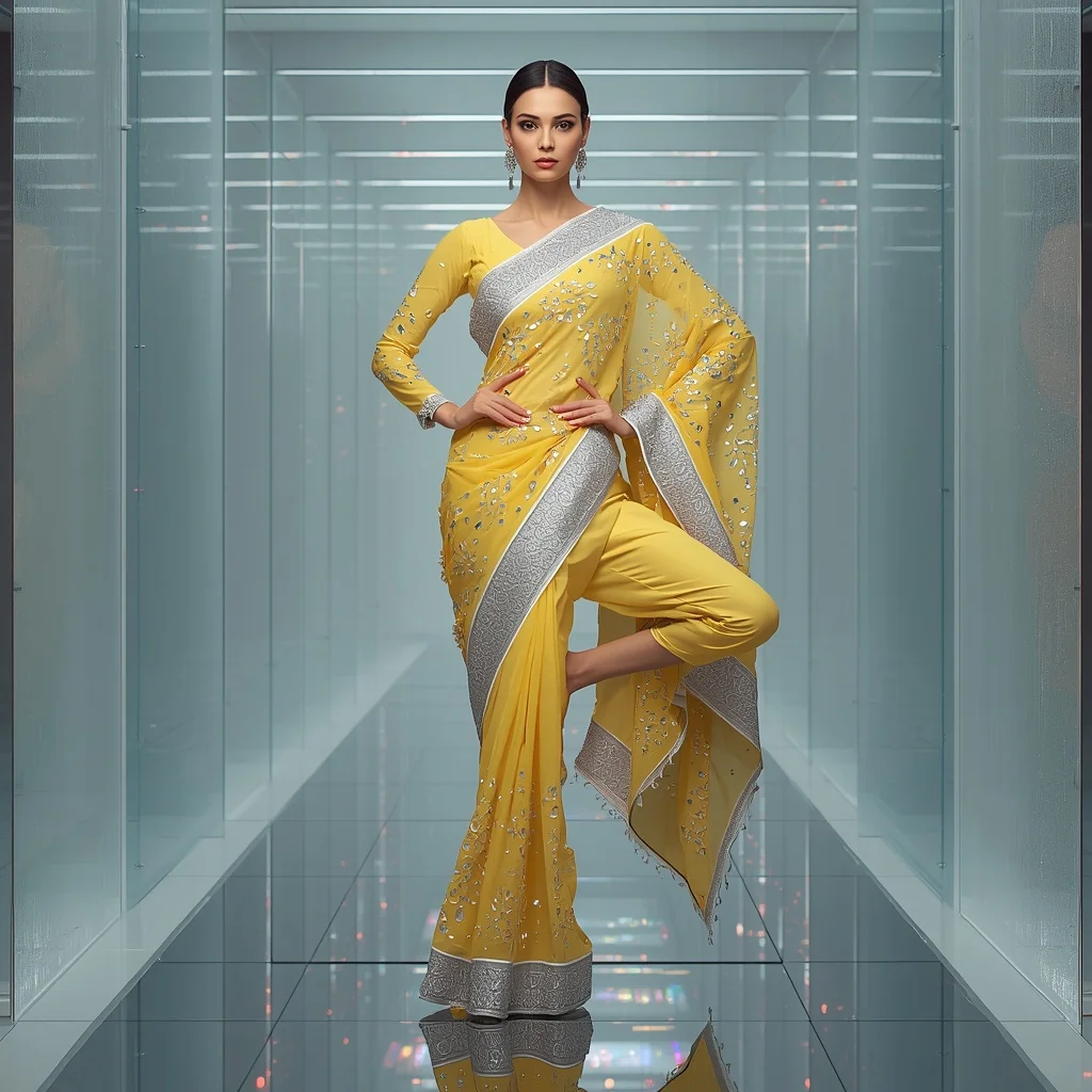 Lemon Yellow Heavy Gota Patti and Mirror Fusion Saree | Festival Prompt
