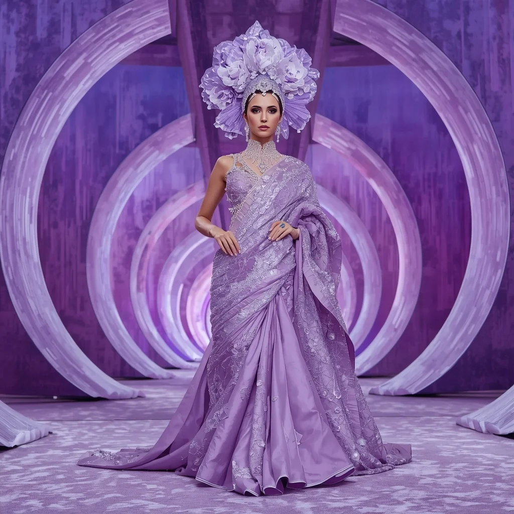 Lilac Aurora Fantasy Empress Saree with Velvet Bloom Infinity Temple | Prompt Seen Girl Photo Editing Chatgpt Download